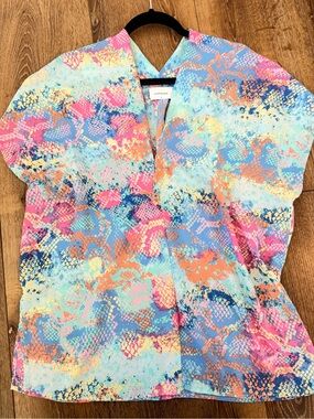 Adrienne Pastel Multi-Print V-Neck Blouse in Blue, Pink & Orange
